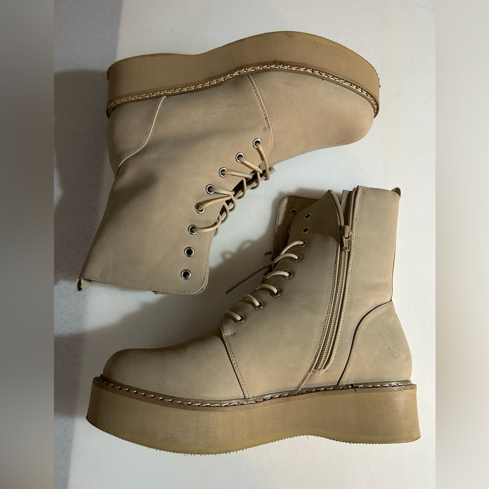 ASOS Wedge Platform Boots Faux Leather Size 11/42 in Beige